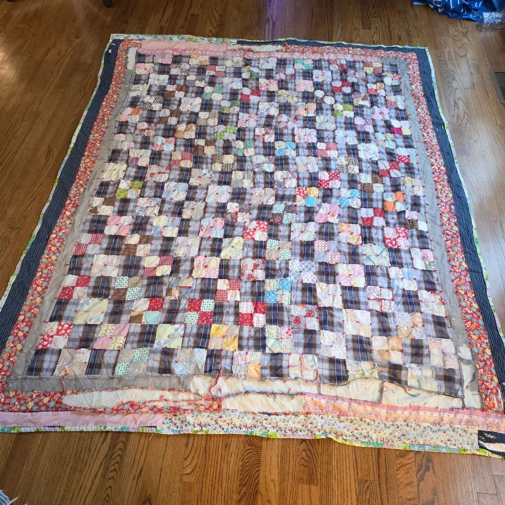 Vintage Handmade Patchwork Quilt Plaid Floral 1960s Farmhouse Americana 70x86